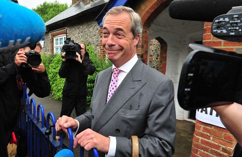 Leave champion Nigel Farage votes Thursday, 23 June, at Cudham Primary School, Biggin Hill, Kent, UK. (Grant Falvey/LNP/REX/Shutterstock) 