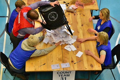 EU Referendum count begins late on 23 June 2016 at Seven Towers Leisure centre for North Antrim and Mid Ulster. (Mark Winter/REX/Shutterstock)