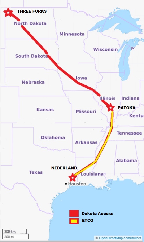 Dakota Access from Three Forks, North Dakota, to Patoka, Illinois. ETCO pipeline from Patoka to Nederland, Texas. (OpenSource Maps)