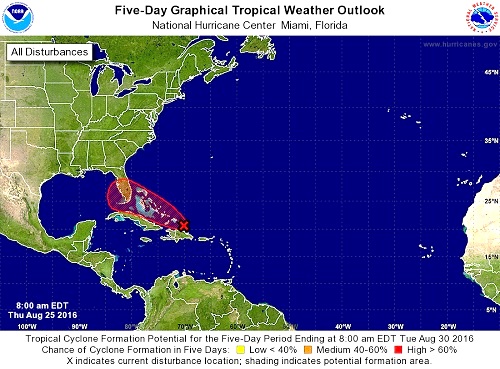 Interests in the northwestern Bahamas and Florida should monitor the progress of this disturbance since it is increasing likely that some impacts, at a minimum heavy rains and gusty winds, will occur beginning this weekend. Formation chances through 48 hours are 50%. Formation chances through five days is 80%. (Source: US National Hurricane Center)