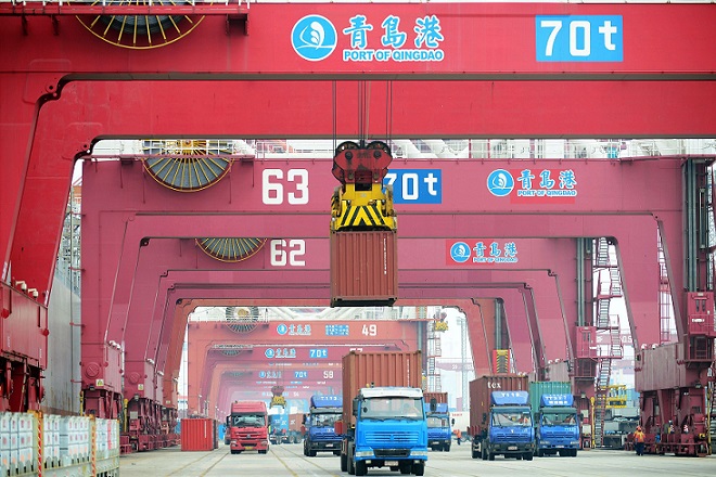 trucks at Qingdao port, China 14 September
