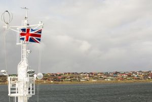 A ship flying the British flag outside the Falkland Islands (source: Global Warming Images/REX/Shutterstock)